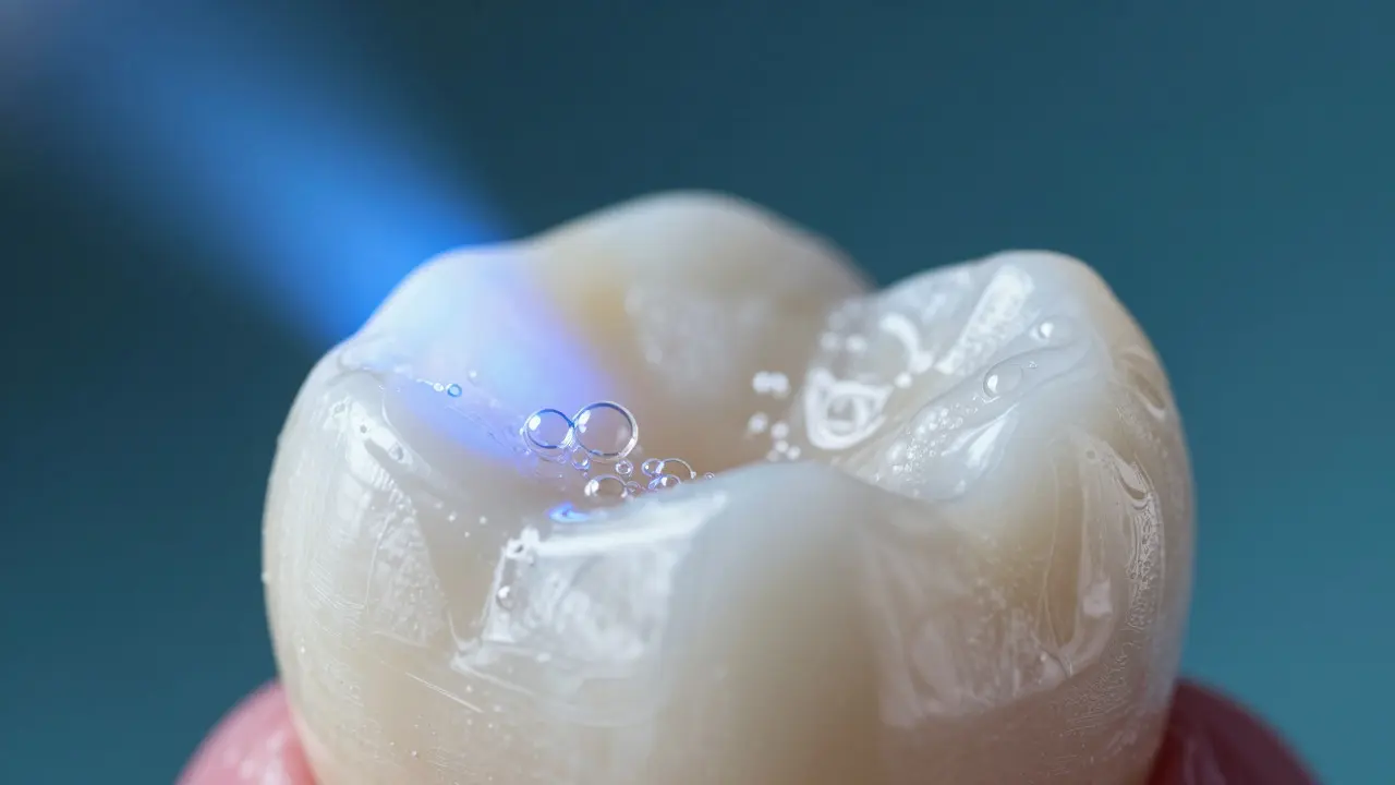 Macro view of whitening gel applied to a tooth with blue LED light activation