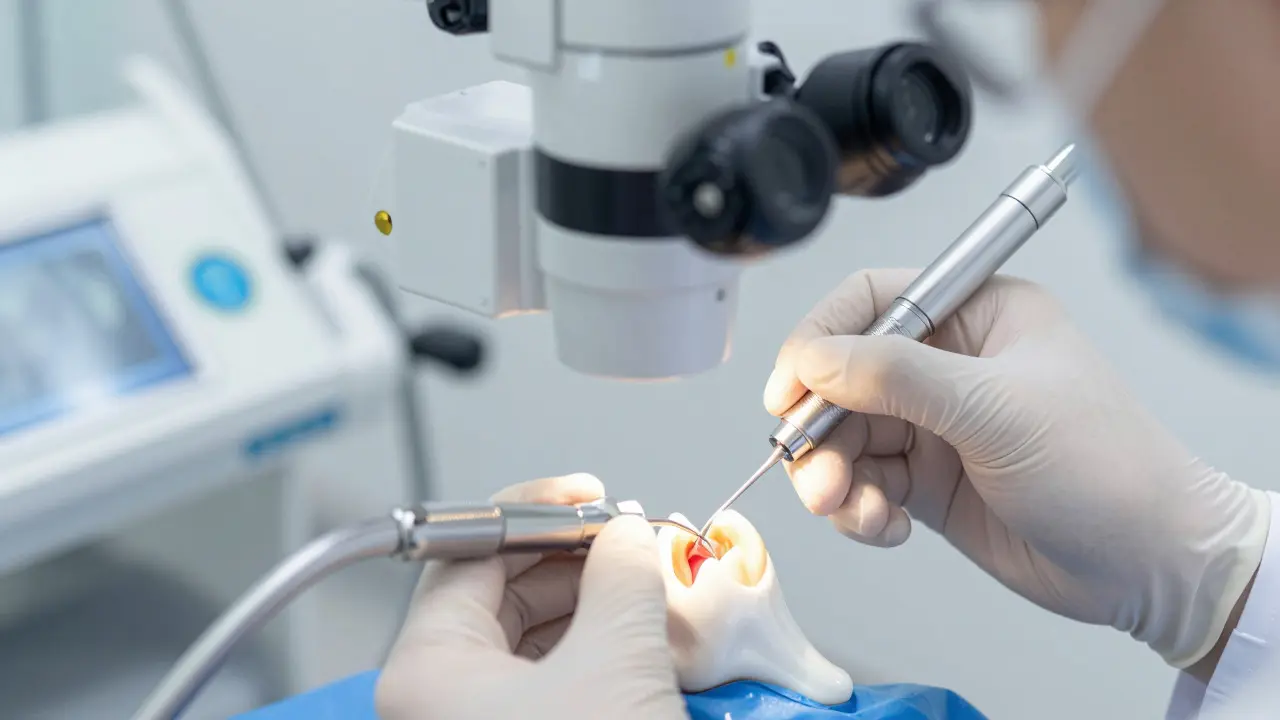 Makrofoto dentisty čistícího kořenový kanál speciálními nástroji pod mikroskopem