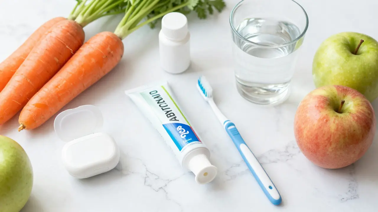 Sestava produktů pro ústní hygienu a zdravých potravin na mramorové desce