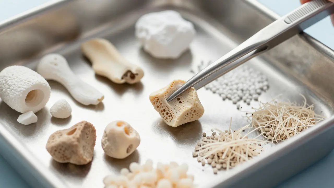 Zblízka zachycené materiály pro kostní transplantaci v chirurgickém nářadí