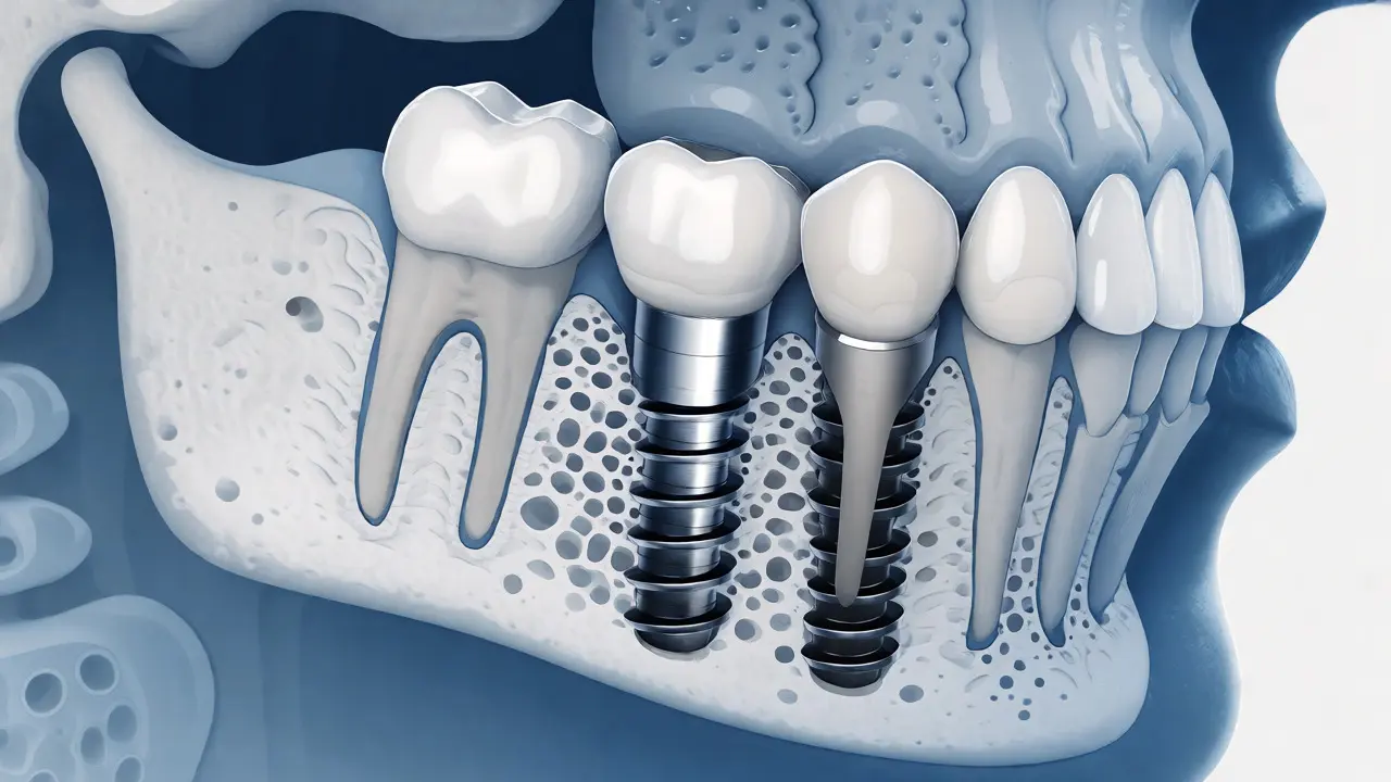 Lékařská ilustrace zubního implantátu v čelistní kosti