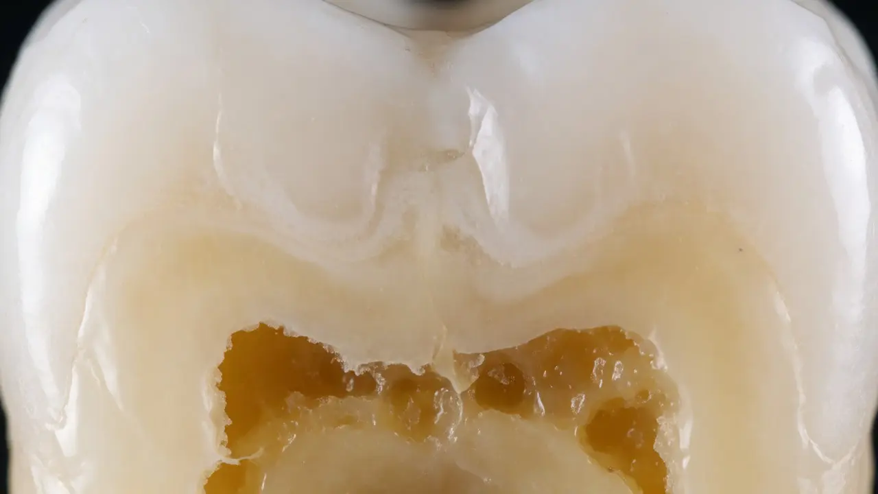 Makro pohled na prasklinu v zubní sklovině odhalující dentin