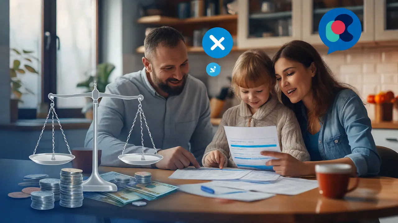 Rodina řeší financování ortodoncie a příspěvky pojišťoven u stolu.