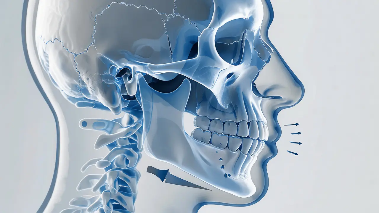 Schematický náhled na lebku ukazující skeletální předkus a zatížení čelistního kloubu.