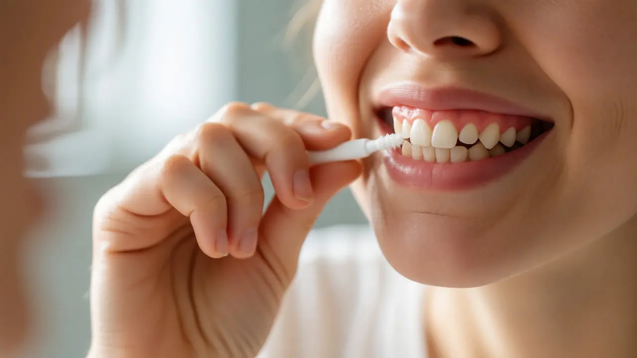 Člověk používá mezizubní kartáček pro prevenci zánětů