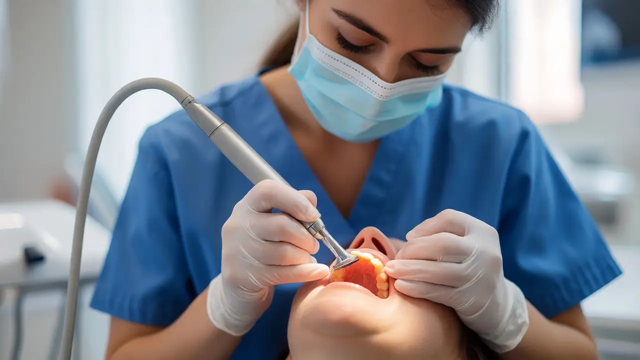 Dentální hygienista odstraňuje zubní kámen ultrazvukem