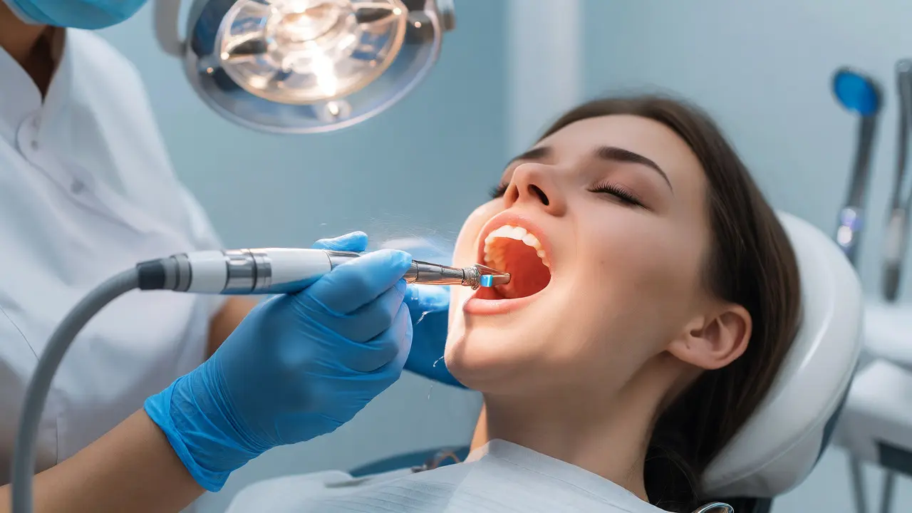Dentální hygienista provádí ultrazvukovou skalaci