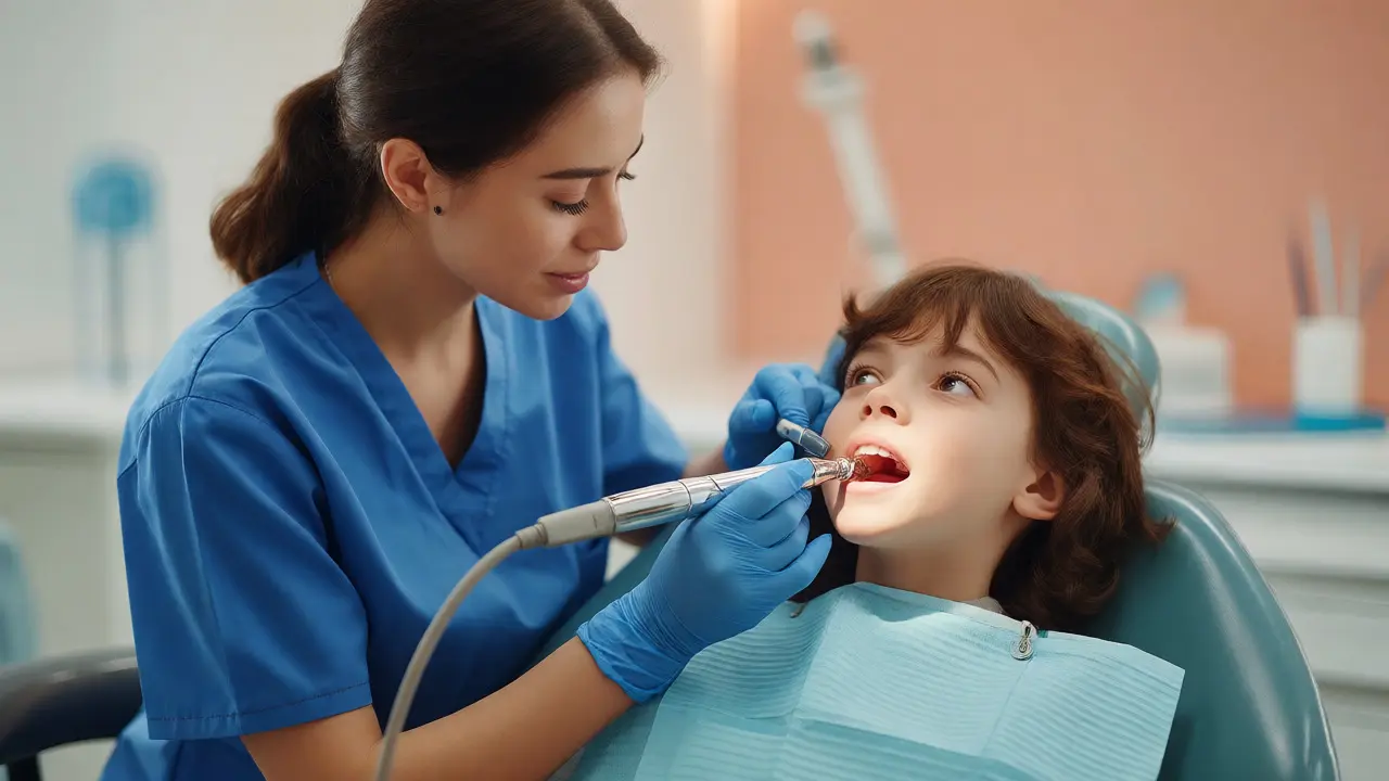 Dětská dentální hygienistka odstraňuje zubní kámen ultrazvukem