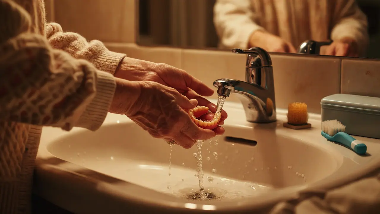 Elderly person cleaning dentures at night as part of daily hygiene routine