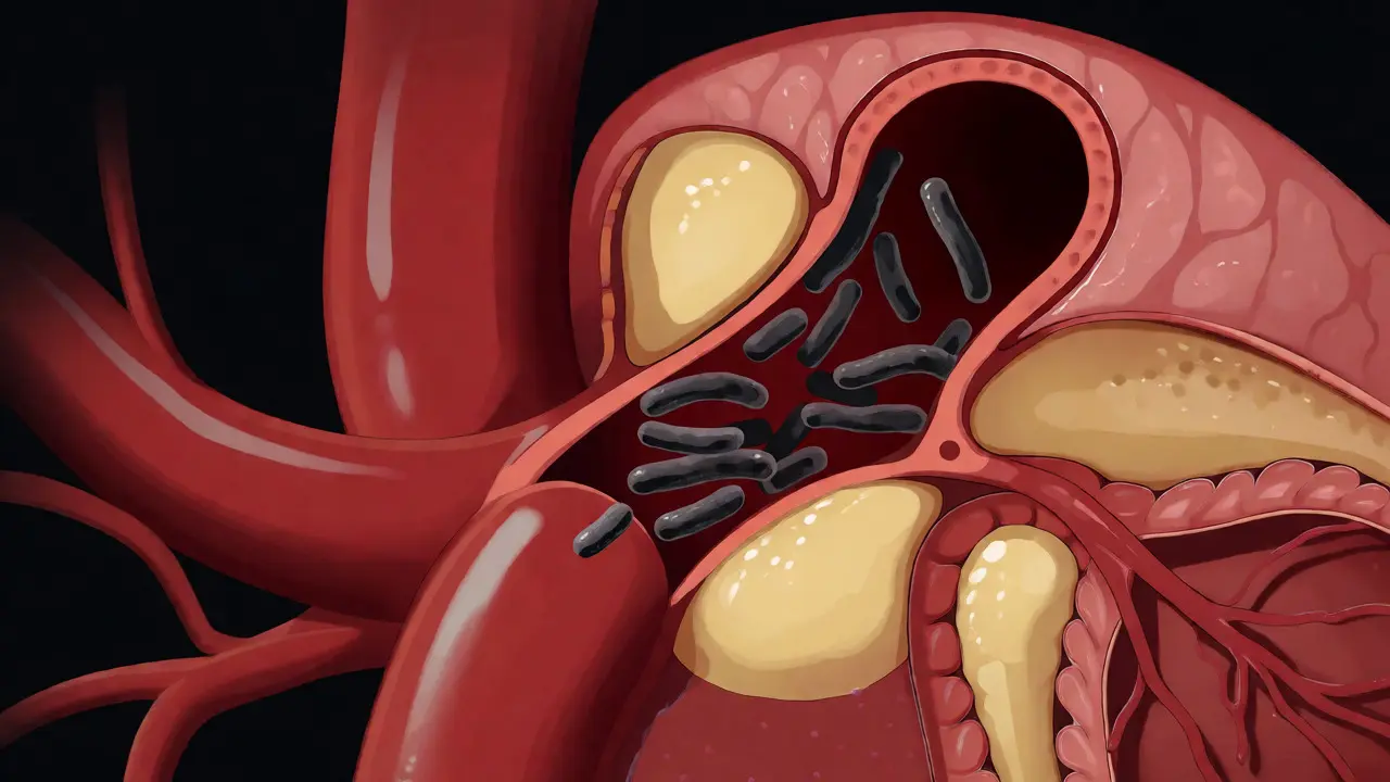 Ilustrace přenosu bakterií z úst do tepen srdce způsobující aterosklerózu
