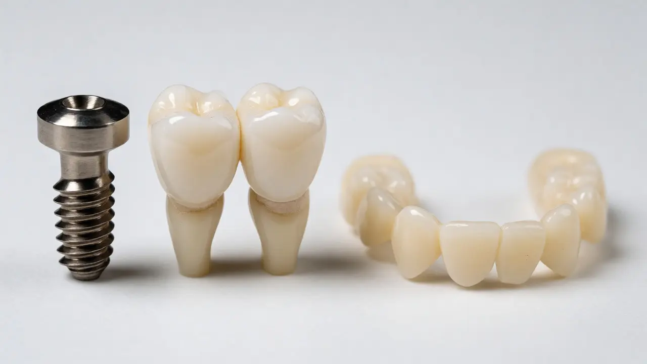 Porovnání titanového implantátu, keramického můstku a výměnné protézy.