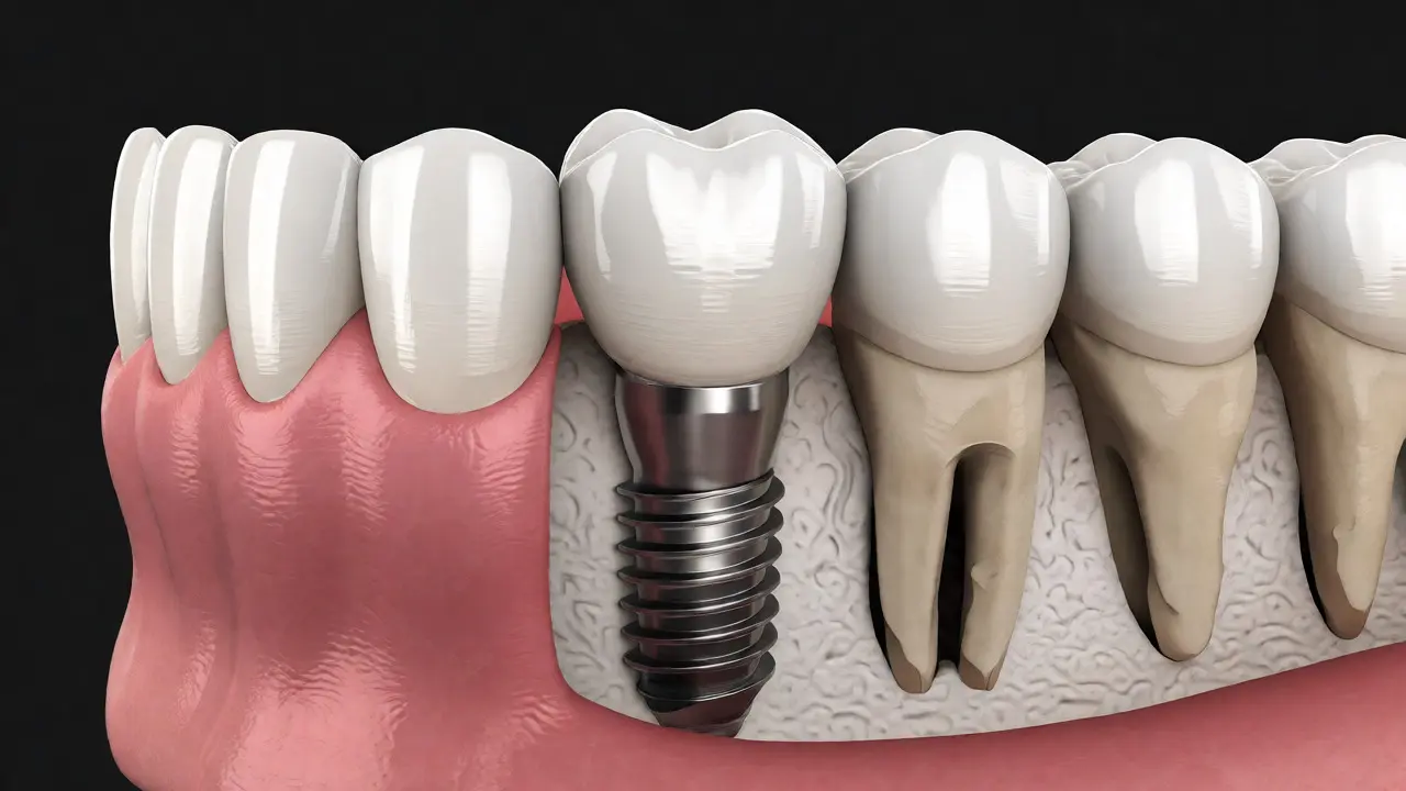 Řez čelistí s titánovým dentálním implantátem