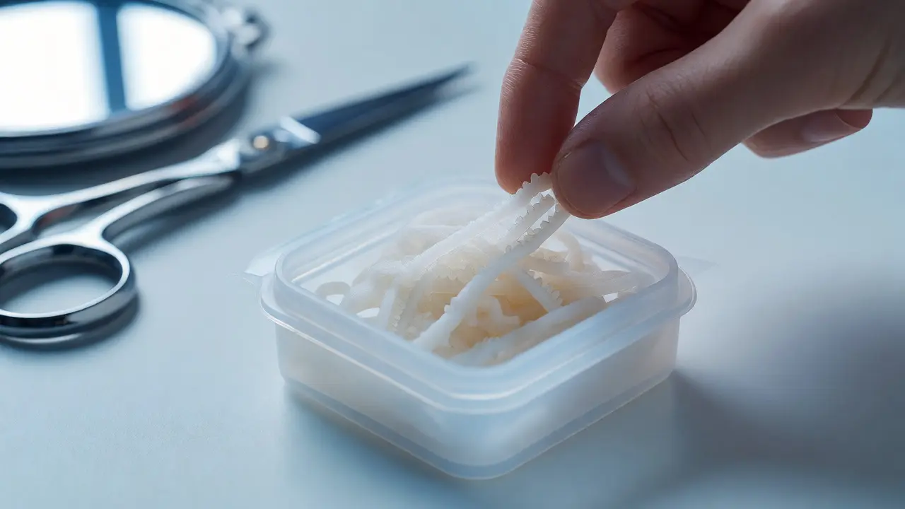 Ruka ukládající nové ortodontické gumičky do uzavřeného kontejneru pro správné uchování.