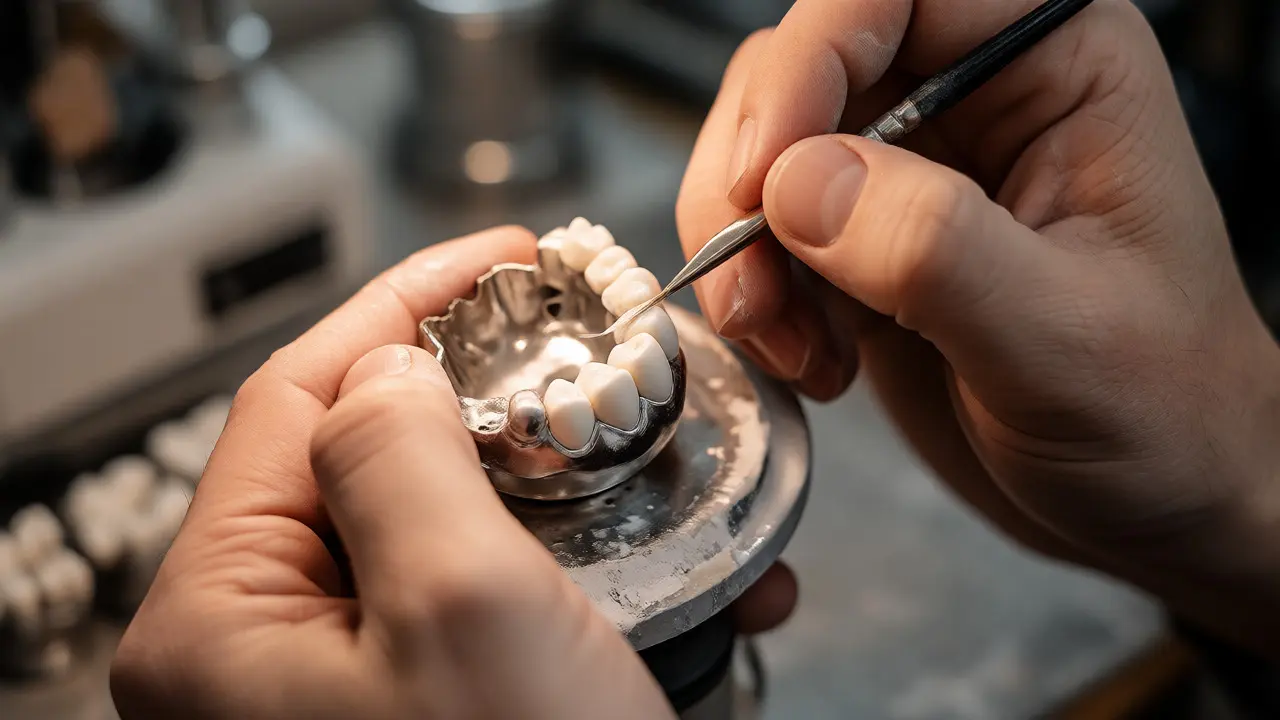 Zubní technik ručně nanáší vrstvy keramiky na kovový základ korunky v laboratoři.