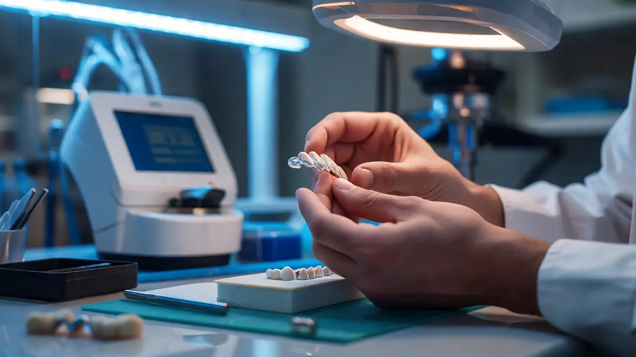 Zubní technik zkoumá keramickou fazetu v laboratoři